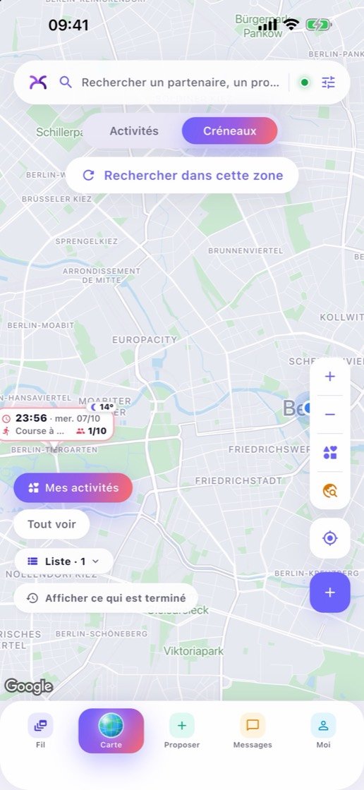 Bildschirmfoto von meetDo: die Karte von Berlin, mit einem Lauftermin.